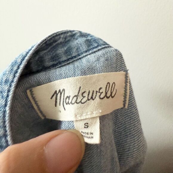 Madewell Blue Emmie Wash Denim Shirred Popover Long Sleeve Pullover Top S - Picture 4 of 7